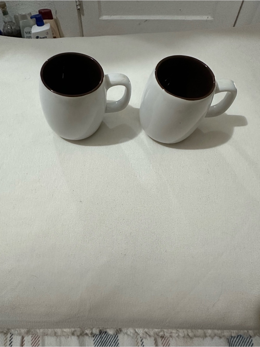 Set 2 Crate & Barrel White Brown Mini Mugs Americano Coffee Cups